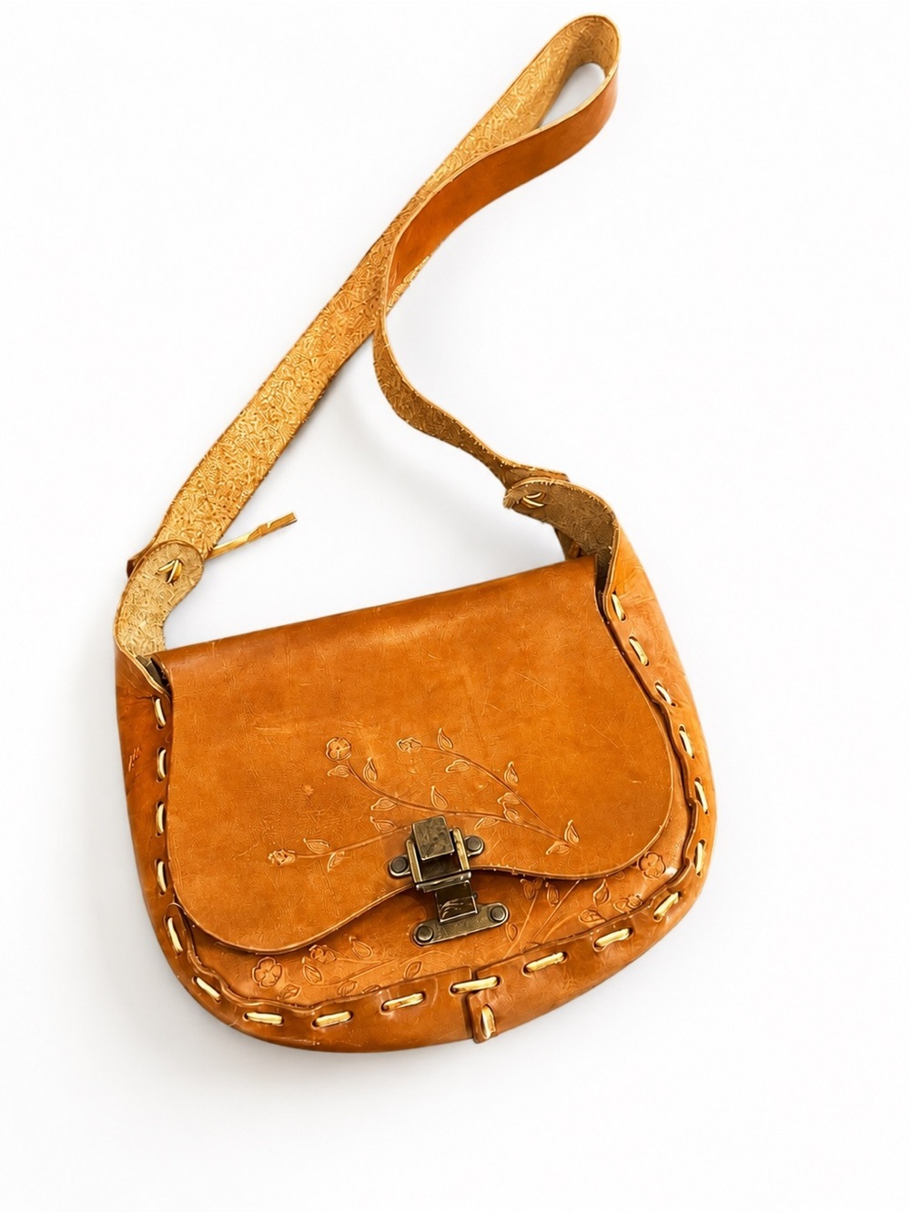 Vintage Handmade Genuine Leather Tooled Saddle Bag | Floral Embossed Boho Crossb